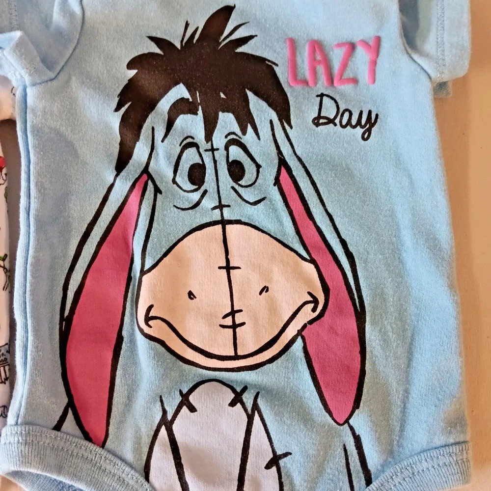 Disney Baby Winnie The Pooh Eeyore Bodysuits 4‎ Pack Lot NB Newborn Yellow Blue